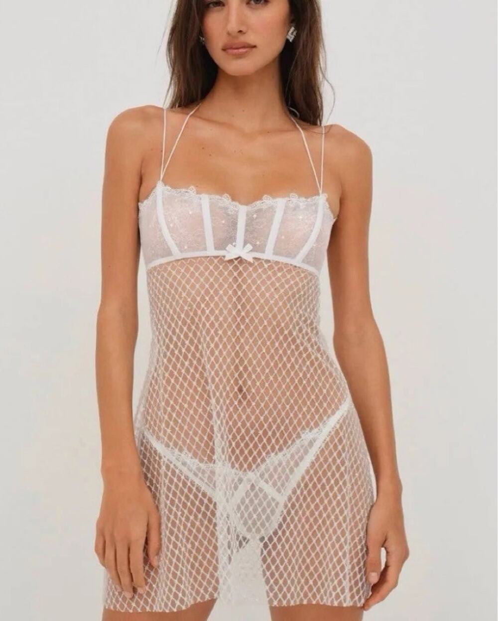 For Love & Lemons Ellery Glitter Slip Dress XS White NWT